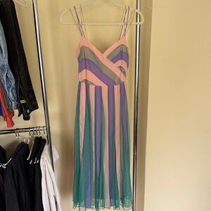 Pastel Striped Spaghetti‑Strap Maxi Dress - Pink, Lavender & Teal